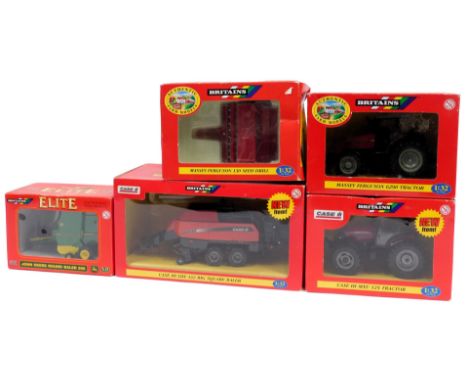 Britains 1:32 scale farming equipment, including 40424 John Deere round baler 590, 9577 Massey Ferguson 130 seed drill, 40787