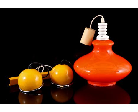 Orange glass hanging lamp, 60s, 54 cm high, 28 cm diameter and yellow metal 2-light wall lamp, 60s, 30 cm high