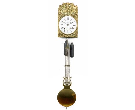 French Comtoise clock depicting a man with a team of horses, with harp pendulum