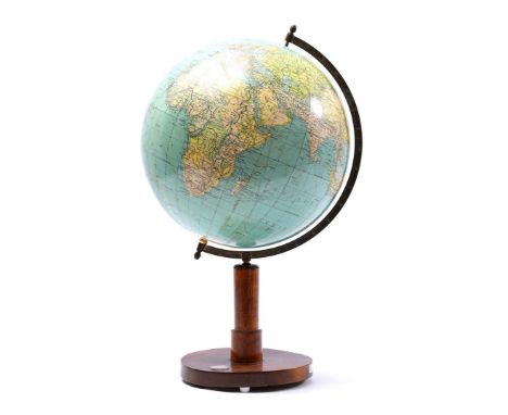 dr. A. Krause Dutch globe with meridian on walnut base containing a compass, Netherlands ca. 1930, 56 cm high