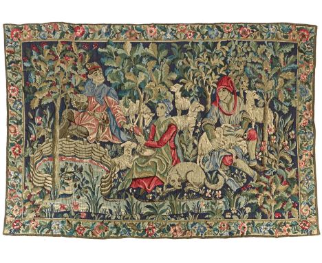 Wall tapestry depicting figures and animals in nature, 129x182 cm