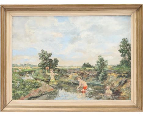 Hein Kray (1901-1995)Boys playing in the ditch in a landscape, canvas dated 1955, 50x70 cm