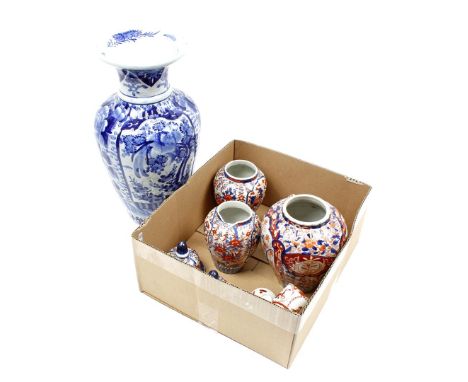 Porcelain vase with blue decor, 46 cm high (hole in the bottom), imari vase with lid, 33 cm, lid vases 24 cm high and cups an