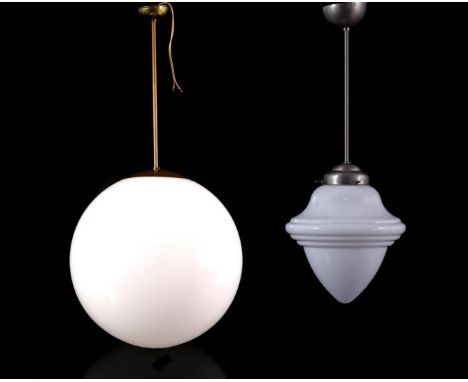 Metal hanging lamp with opaline glass shade, in Gispen style, 69 cm high and copper hanging lamp with opaline glass ball, 82 