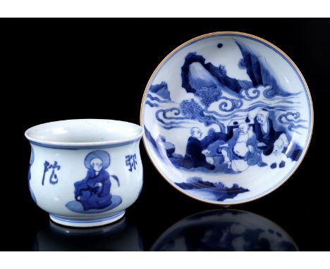 Porcelain hooded bowl with blue and white decor of saints and symbols, China ca. 1900 and porcelain dish with blue and white 