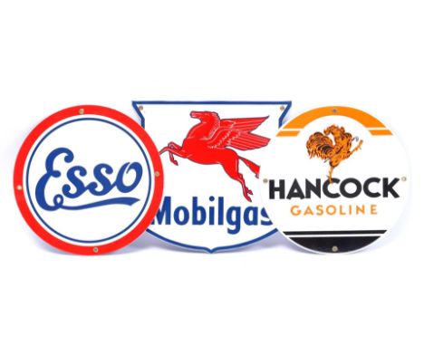 3 enamelled advertising signs Esso, Hancock and Mobilgas, 30 cm diameter and 30.5x32 cm