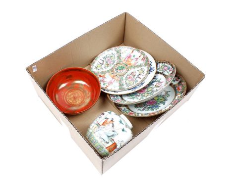 Porcelain dish with blue floral decoration, 23 cm diameter, Cantonese dish 22 cm diameter, 2 saucers 24 cm diameter (1 with r