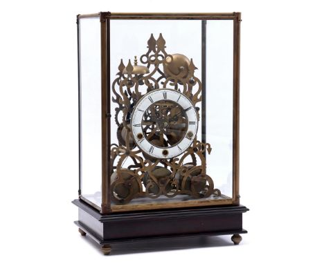 Brass skeleton clock after an antique model with 5 bells and enamel chapter ring, 38.5 cm high, 28 cm wide, 10 cm deep glass 