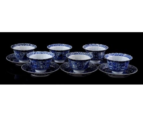 6 porcelain cups and saucers with contoured rim and blue and white decor of fisherman in boat, flowers and mountains, China K