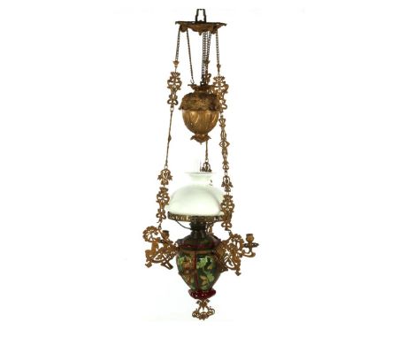 Earthenware Art Nouveau oil lamp with glass shade and counterweight, 115 cm high (damaged)