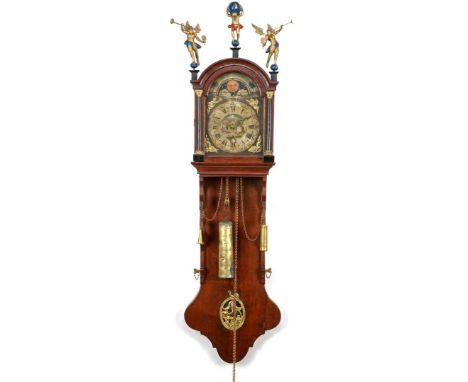 Frisian tail clock (office) with quarter striking, 2 bells and alarm, moon phase and date indication, in oak case, 19th centu