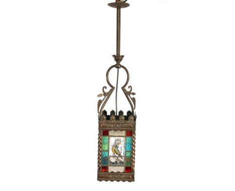Stained glass hall lamp with colored glass and bird decor, in copper frame, ca. 1910, 79 cm high