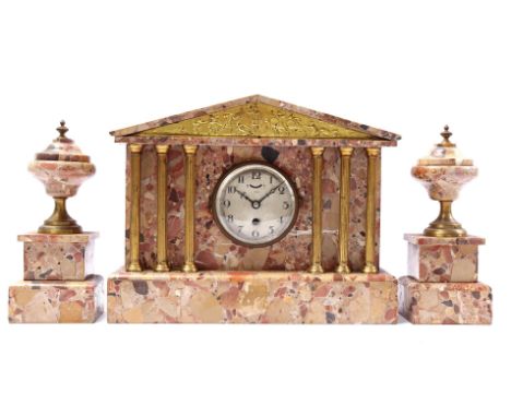 Marble 3-piece mantel clock with Greek tableware in frieze, marked Ucra, 31 cm high