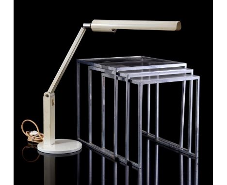 Metal mimiset with glass tops, largest 36 cm high, and white lacquered metal desk lamp