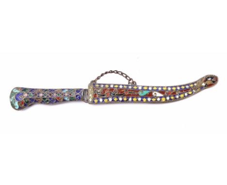 Decorative knife in oriental style, with decorative enamel inlay on the hilt and sheath, length 25 cm