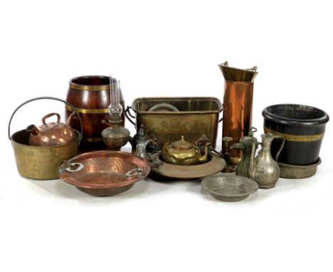 Various copper handles, kettles, milk jug, brasseros, oriental metal bowls, beaked jugs, wooden cupped umbrella barrel and fl