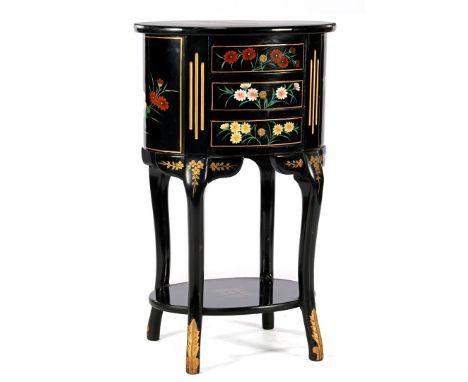 Oval black lacquered 3-drawer cabinet with bottom shelf and richly painted decor of flowers, birds, branches and leaves, 79 c