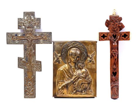 Brass Russian Orthodox crucifix with remains of enamel, 19th century, 27x14 cm, wooden crucifix with fine carving, hidden spa