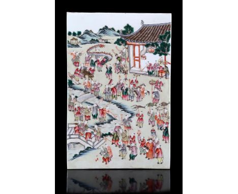 Porcelain tile with polychrome decoration of children playing during a parade, China 20th century, 39x25.5 cm