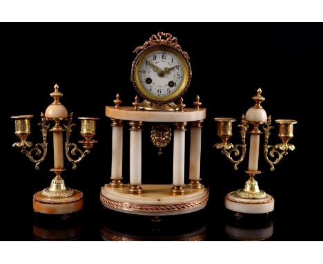 Natural stone 3-piece mantel clock with brass accents in Louis XVI style, 31.5 cm high