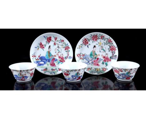 2 porcelain Famille Rose cups and saucers with decor of mother and child with parrot in cage, China Yongzheng period, with ex