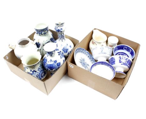 2 boxes with Dutch earthenware 18th century Delft syrup jug, various vases, jugs, saucers, cupboard bowls and cups including 