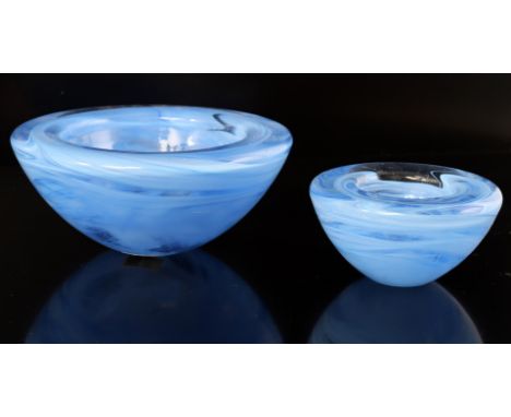 Set of decorative dishes / tea light holders, light blue with white lines, Anna Ehrner for Kosta Boda, model Atoll, 8 cm high