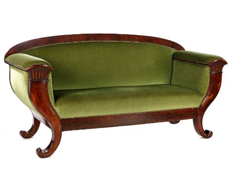 Mahogany veneer sofa with stitching in front under armrests, with green mohair upholstery with copper tacks finished edges, 9