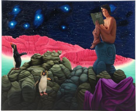 Anne Kittelmann (1966-)Surreal composition with woman with book, back of note Traveller's guide through the galaxy 1, Holisti