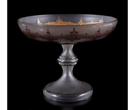 Glass fruit bowl with gold-coloured enamel motif, 19 cm high, 24 cm diameter