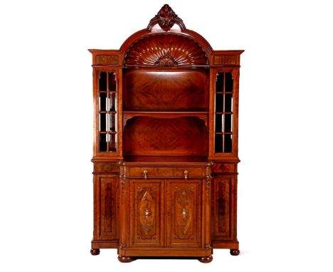 Mahogany veneer on teak 2-piece cabinet with carved crest, shell-shaped hood, 2 doors with facet cut diamonds, shelf and base