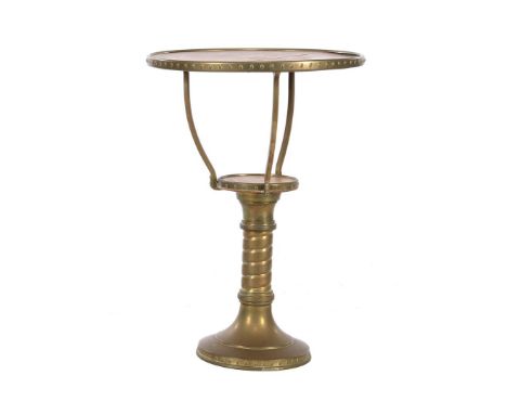 Oak smoking table with bottom shelf and brass frame, 63 cm high and 45 cm diameter top