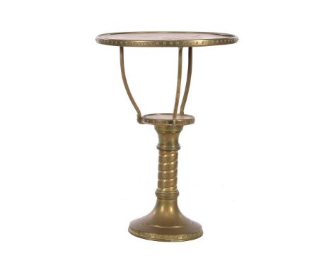 Oak smoking table with bottom shelf and brass frame, 63 cm high and 45 cm diameter top