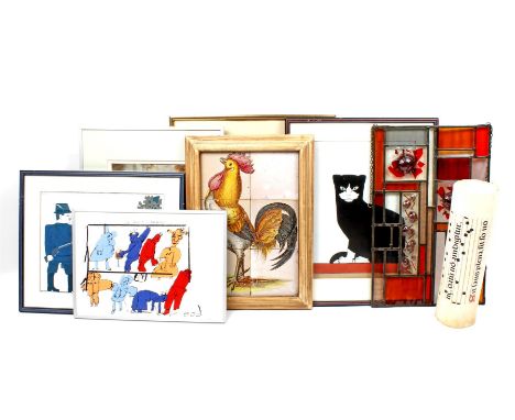 Box with tile tableau depicting a rooster, stained glass window decoration, 2 watercolors, prints by Herman Brood and Bart vd
