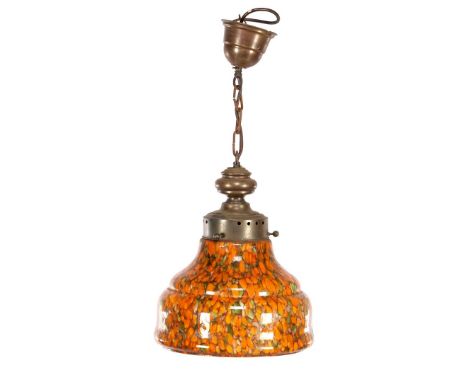Colored glass hanging lamp in copper frame, 65 cm high, shade 30 cm diameter
