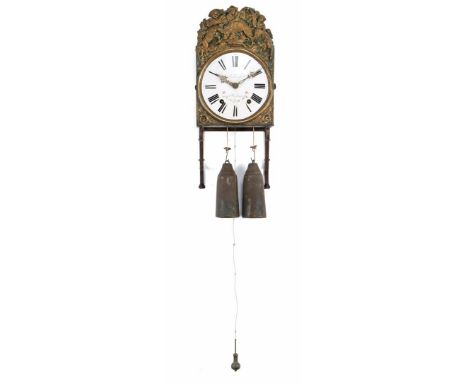 French Comtoise clock with hunting decor and name Lalande á Morlaas on dial, on chair and folding pendulum