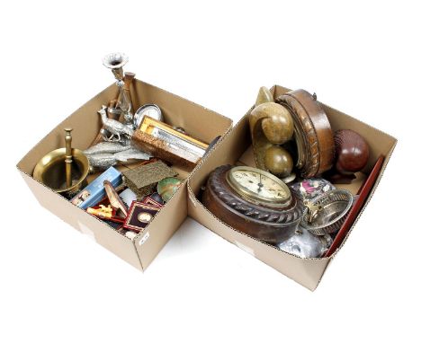 2 boxes diverse including Hohner harmonicas, metal pheasant table pieces, serpentine statue, clock, clock case, wall decorati