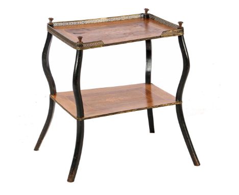 Shelf table made of veneer of various types of wood and copper open-sawn upright edges and blackened legs, 57 cm high, 54x43 