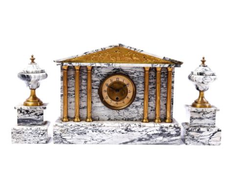 Marble 3-piece mantel clock with Greek tableware in frieze, France, first half of the 20th century, 31 cm high