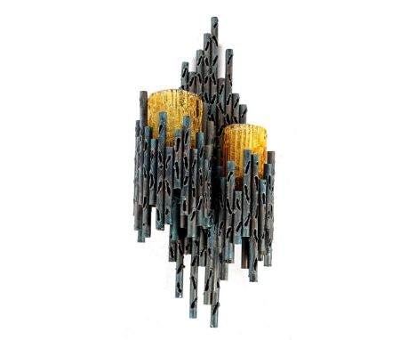 Marcello Fantoni (1915-2011)Perforated metal Brutalism wall lamp with orange glass chalices, design Marcello Fantoni for Farb