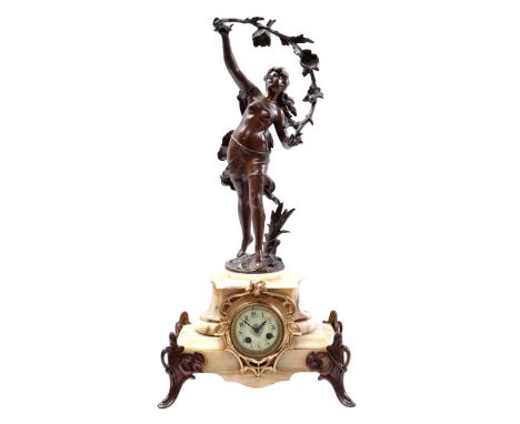 Classic table mantel clock with marble base with a zamak statue of a lady, total 70 cm high (damaged)