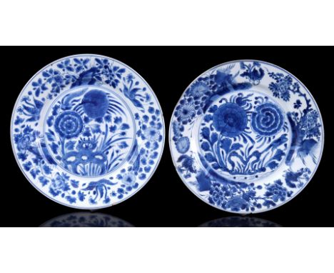 2 porcelain dishes with blue and white floral decor and bird near rock, marked with Fang Ding incense burner, China Kangxi pe