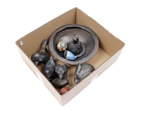 Box with ceramic bowl, birds and dog bell