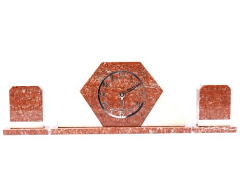 Marble Art Deco mantel clock set, Holland ca. 1930, 20 cm high