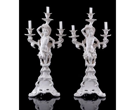 2 white porcelain 3-light candlesticks in Rococo style, Italy, second half of the 20th century, 67 cm high