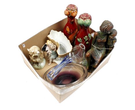 Box with earthenware objects, glass bowl and vases including Maastricht, plaster sculpture group, classic porcelain jardinier