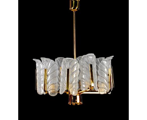 Carl Fagerlund (1915-2011)Brass Hollywood Regency 10-light chandelier with glass leaves, design Carl Fagerlund for Orrefors, 
