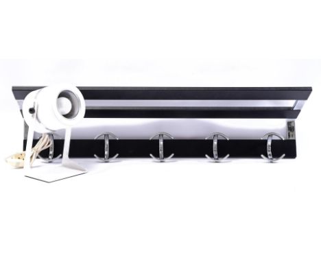 RM31 chrome wall coat rack with black leatherette covered and 5 double hooks, 1970s, 19 cm high, 18 cm deep and white metal w
