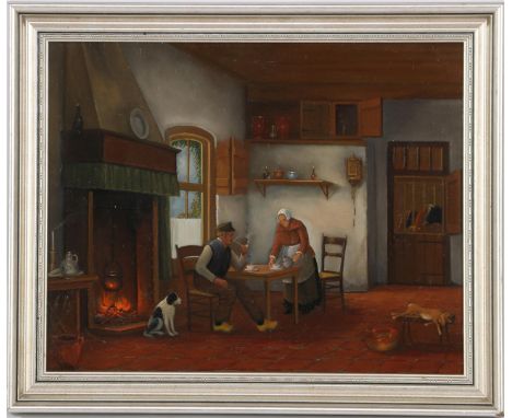 Jan van der Meer (1942-)Interior with a man with a pipe at the table, woman, dog and dead hare, panel 40x50 cm