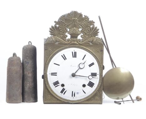 Comtoise clock with enamel dial, address Simon a Cologny and driven copper rim, with folding pendulum, ca. 1850. (no chair, b